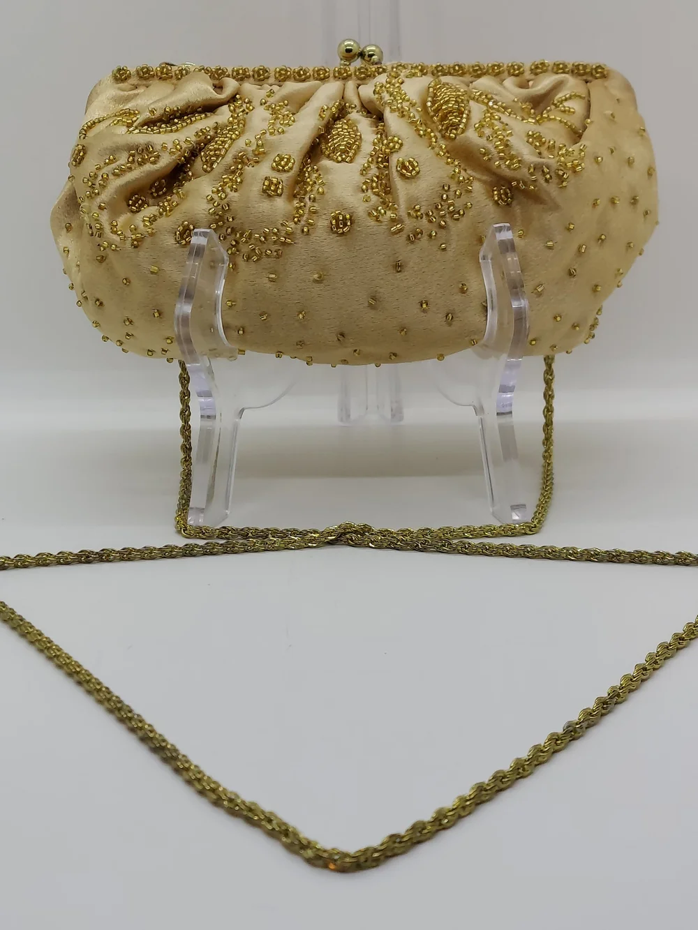 La Regale Matte Gold Satin Beaded Convertible Clutch Purse With Chain Strap